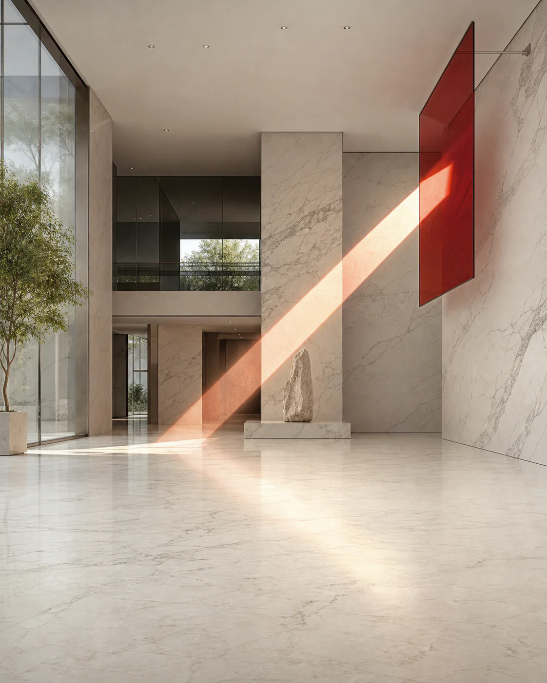 A sunlit marble gallery with a red glass installation