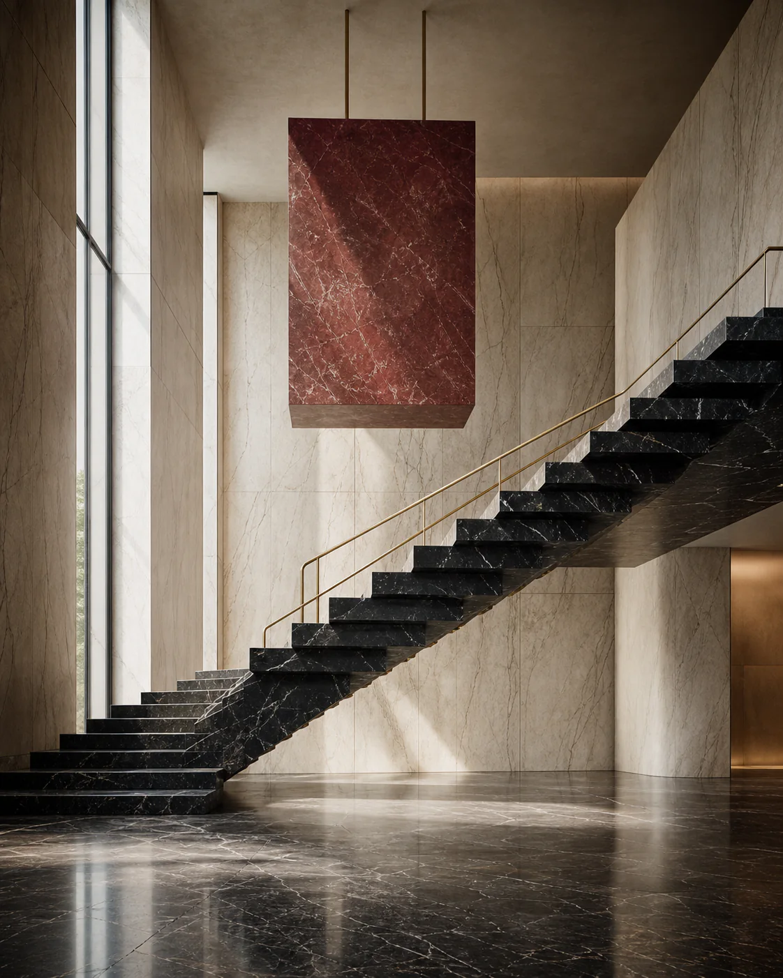A black marble staircase beneath a suspended red stone