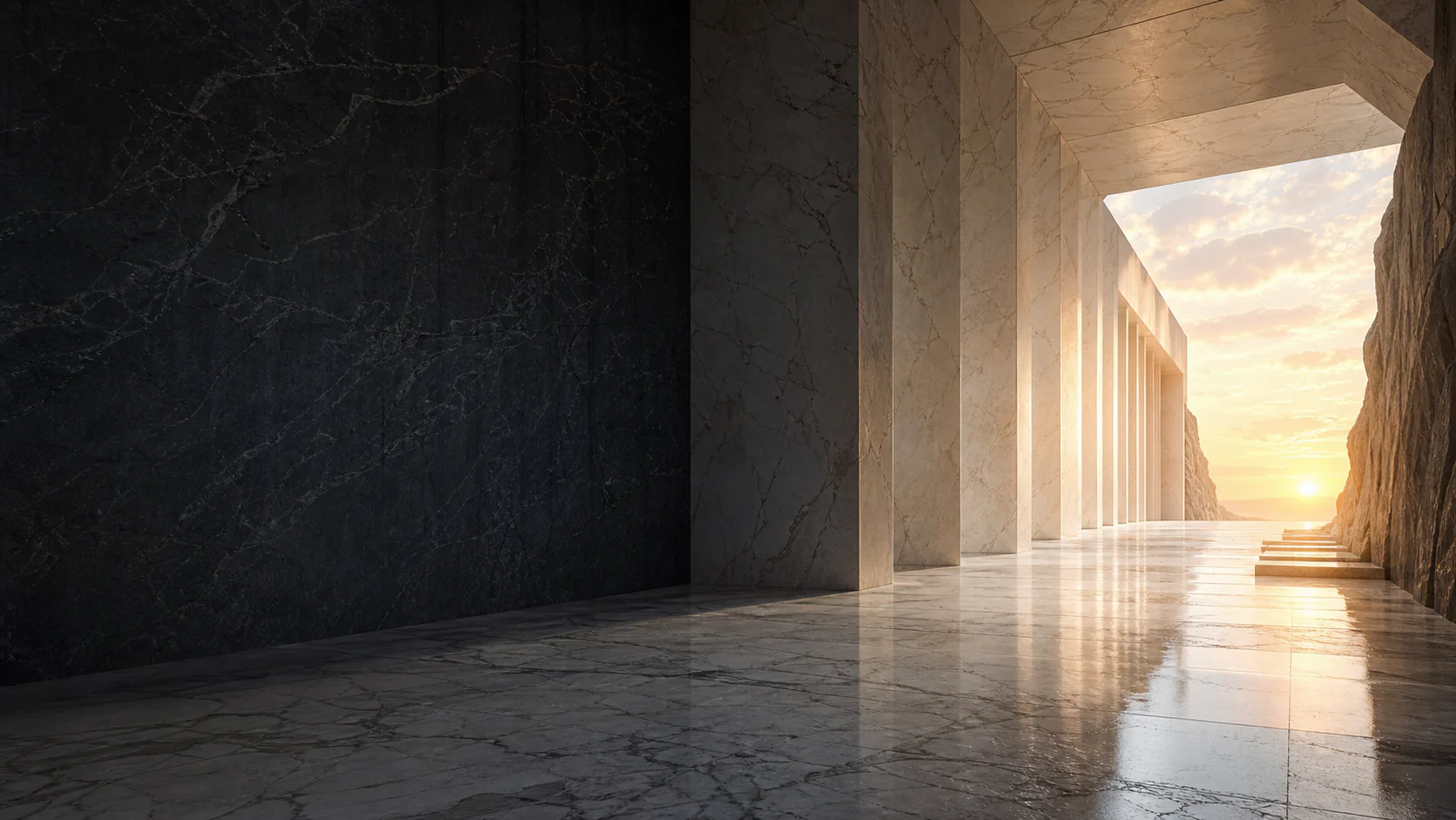 A marble passage opening toward a sunset