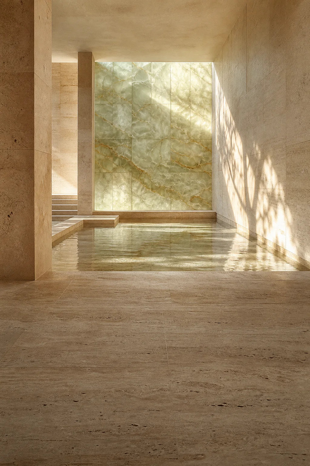 A warm stone interior with water and a luminous green wall