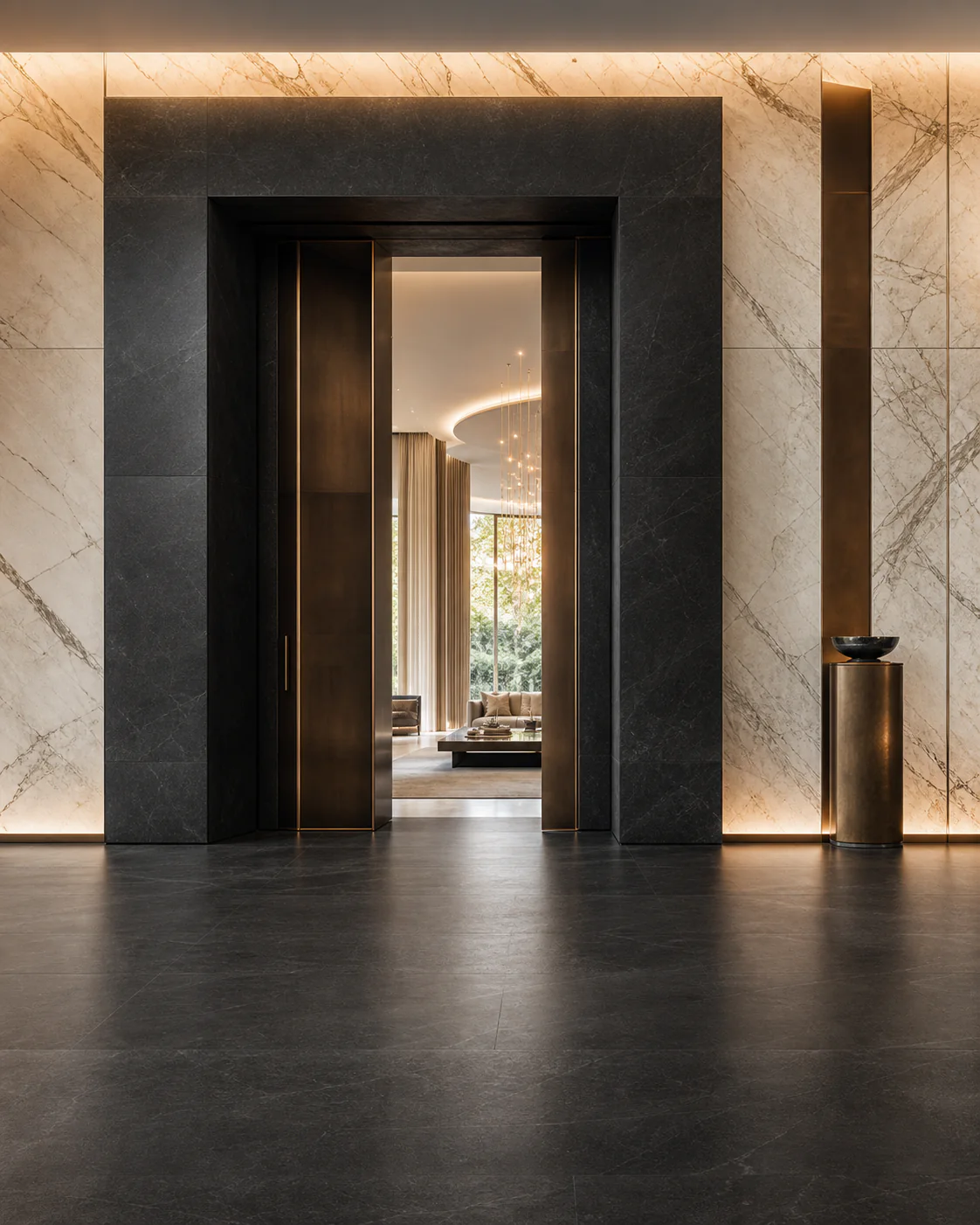 A monumental black marble doorway framed in warm light